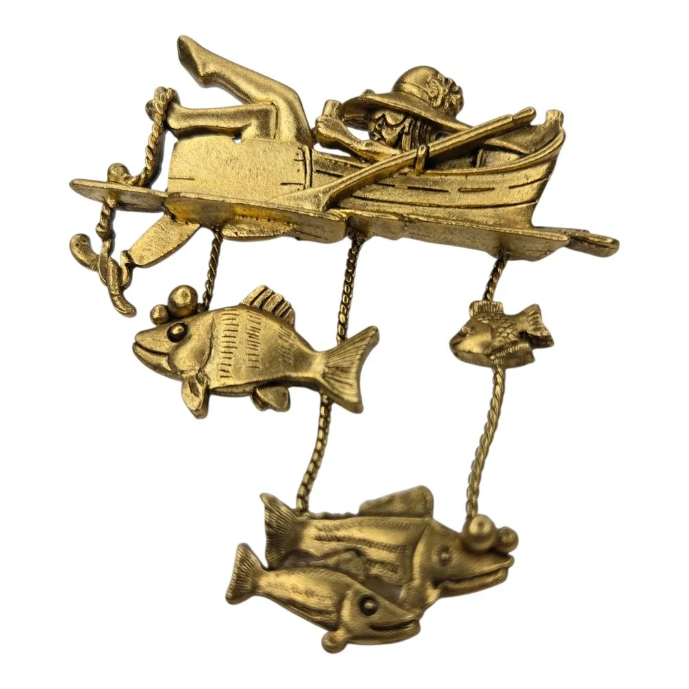 Danecraft Brooch Gold Tone Gold Vintage Fishing Rowboat Dangle Novelty Pin
